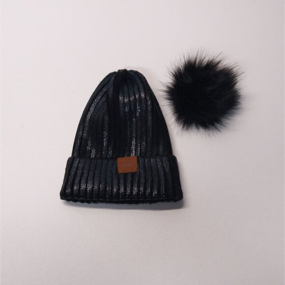 Urban Peacock Cloie Ribbed Shimmer Beanie Removable Pom Pom Faux Leather Patch - Picture 2 of 8